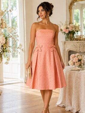 David Meister Strapless Floral Jacquard Bow Dress Silk Blend Size 12 Fit & Flare